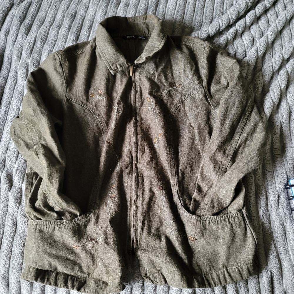 Krazy Kat Olive Green Embroidered & Beaded Boho Jacket XL with Pockets